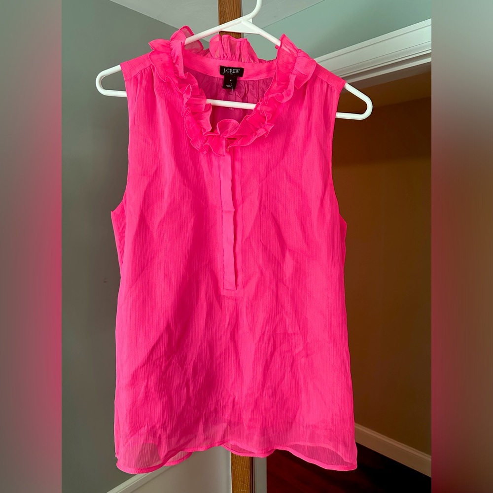 J Crew hot pink ruffle collar chiffon lined top